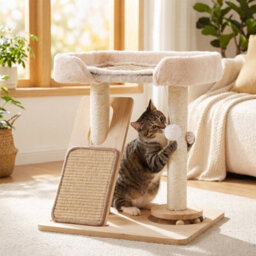 Living And Home Natural Wood Colour Cat Tree With Scratching Posts And Toy, 53Cm H - thumbnail 1