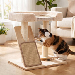Living And Home Natural Wood Colour Cat Tree With Scratching Posts And Toy, 53Cm H - thumbnail 2