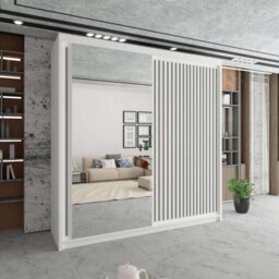Sliding Wardrobes 4 u LTD Modern Grooved Sliding Mirror Wardrobe With Led Light White/grey 203Cm - thumbnail 1