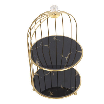 1 Pack Double-Tier Storage Shelf In The Shape Of A Birdcage, Gold Design On A Black Base - image 1