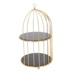 1 Pack Double-Tier Storage Shelf In The Shape Of A Birdcage, Gold Design On A Black Base - thumbnail 2