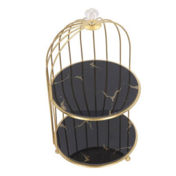 1 Pack Double-Tier Storage Shelf In The Shape Of A Birdcage, Gold Design On A Black Base