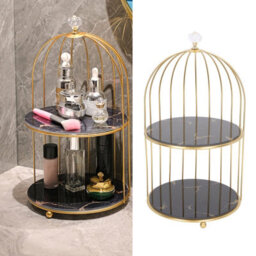 1 Pack Double-Tier Storage Shelf In The Shape Of A Birdcage, Gold Design On A Black Base - thumbnail 5