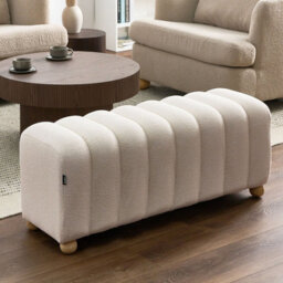 Wyld And Coco Off-White Boucle Bed Bench With Round Wooden Legs, Compact Modern Accent Seating - thumbnail 2