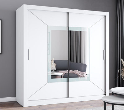 Fhif Venicia 150Cm White Sliding Door Wardrobe Modern Bedroom Storage With Full Length Mirror Shelves And Hanging Rails