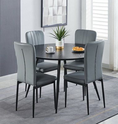 Hallowood Furniture Cullompton Large Black Round Dining Table 120Cm With 4 Light Grey Faux Leather Chairs