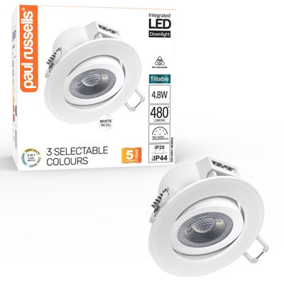 Paul Russells Led Downlight White Tilt Recessed Ceiling Spotlight  4.8W 480 Lumens, Ip44, Colour Changeable Cct3 - image 1