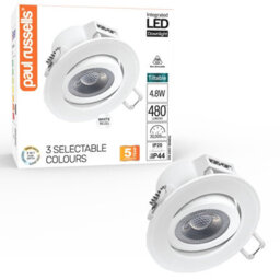 Paul Russells Led Downlight White Tilt Recessed Ceiling Spotlight  4.8W 480 Lumens, Ip44, Colour Changeable Cct3 - thumbnail 1