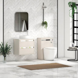 Royal Bathrooms Orion 600mm Warm Taupe Wall Hung Vanity Unit 2 Drawer With Plain White Undrilled Worktop & Chrome Accent Trim - thumbnail 3