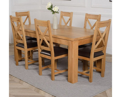 That's Furniture Dakota 182 X 92 Cm Chunky Oak Large Dining Table And 6 Chairs Dining Set With Berkeley Brown Leather Chairs - image 1