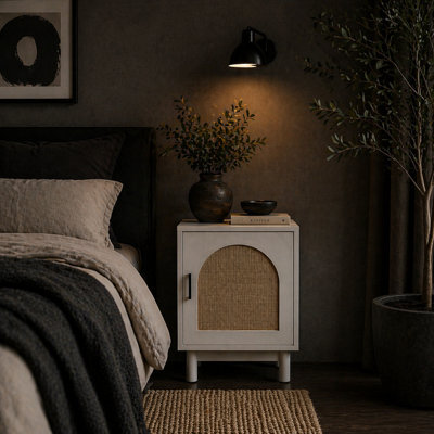 Wyld Haus Luna White Wooden Rattan Bedside Table With Arched Door And Adjustable Shelf 40W X 35D X 58H Cm - image 1