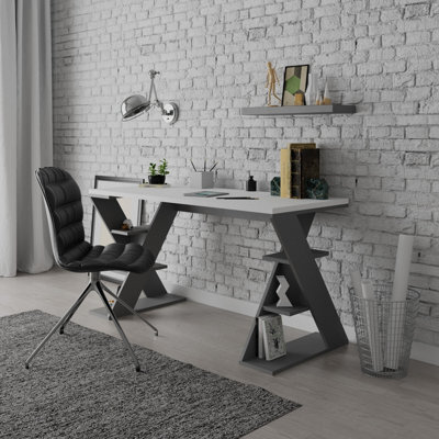 Decortie Papillon Desk With Bookshelf Storage Legs Modern Minimalist Workspace Desk White Anthracite Grey 137X75X60 Cm - image 1