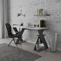 Decortie Papillon Desk With Bookshelf Storage Legs Modern Minimalist Workspace Desk White Anthracite Grey 137X75X60 Cm - thumbnail 4