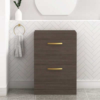 Royal Bathrooms Turin 600mm Grey Elm Floor Standing Worktop Vanity Unit - 2 Drawer With Brushed Brass Handle - image 1