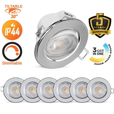 Paul Russells Led Downlight Chrome Dimmable Tilt Recessed Ceiling Spotlight 6W 570 Lumens, Ip44, Colour Changeable Cct3 Pack Of 6 - image 1