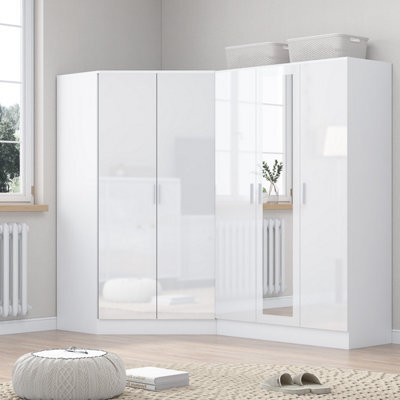 Reflect 2Pc Wardrobe Bundle - 2 Door Corner + 3 Door Mirror - White Gloss & Matt White - H: 180Cm X W: 179Cm X D: 103Cm - image 1
