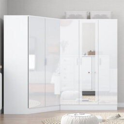 Reflect 2Pc Wardrobe Bundle - 2 Door Corner + 3 Door Mirror - White Gloss & Matt White - H: 180Cm X W: 179Cm X D: 103Cm - thumbnail 3