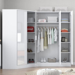 Reflect 2Pc Wardrobe Bundle - 2 Door Corner + 3 Door Mirror - White Gloss & Matt White - H: 180Cm X W: 179Cm X D: 103Cm - thumbnail 4