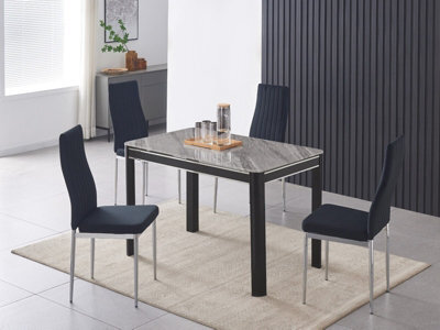 Furnizone UK Milano 4-Seater Grey Marble-Effect Glass Dining Table And 4 Monza Black Velvet Chairs - image 1