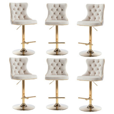 HomeTouch Set Of 6 Luxury Beige Velvet Adjustable Swivel Bar Stools With Gold Base - image 1