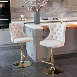 HomeTouch Set Of 6 Luxury Beige Velvet Adjustable Swivel Bar Stools With Gold Base - thumbnail 3