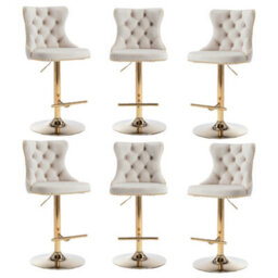 HomeTouch Set Of 6 Luxury Beige Velvet Adjustable Swivel Bar Stools With Gold Base - thumbnail 1