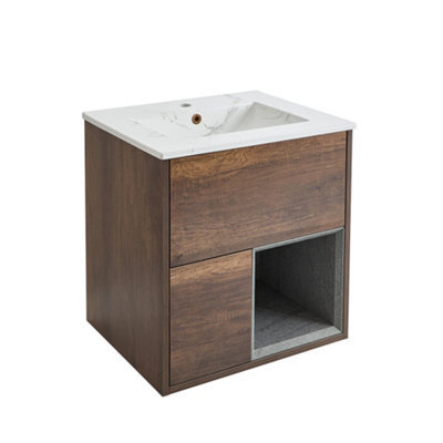 Homestylestore 612mm Dark Oak Wall Hung Bathroom Vanity Unit Open Shelf Marble Effect Basin - image 1