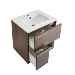 Homestylestore 612mm Dark Oak Wall Hung Bathroom Vanity Unit Open Shelf Marble Effect Basin - thumbnail 2