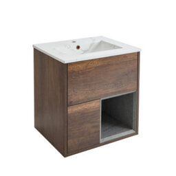 Homestylestore 612mm Dark Oak Wall Hung Bathroom Vanity Unit Open Shelf Marble Effect Basin - thumbnail 1