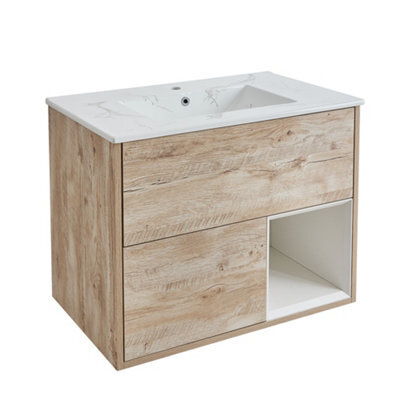Homestylestore 812mm Light Oak Wall Hung Bathroom Vanity Unit Open Shelf Marble Effect Basin - image 1