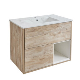 Homestylestore 812mm Light Oak Wall Hung Bathroom Vanity Unit Open Shelf Marble Effect Basin - thumbnail 1