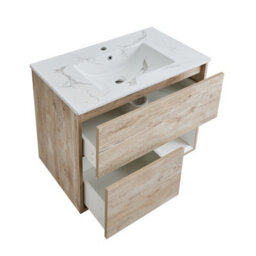 Homestylestore 812mm Light Oak Wall Hung Bathroom Vanity Unit Open Shelf Marble Effect Basin - thumbnail 2