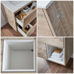 Homestylestore 812mm Light Oak Wall Hung Bathroom Vanity Unit Open Shelf Marble Effect Basin - thumbnail 3