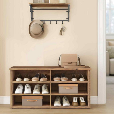 Shoe Storage Bench With 6 Compartments And Adjustable Shelves, Entryway Organiser For Hallway, Honey Brown - image 1