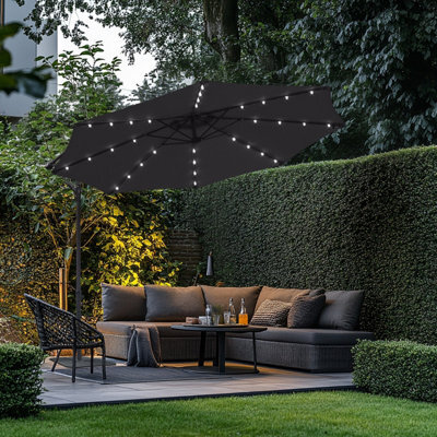 Rinse Bathrooms Black Garden Banana Parasol Hanging Cantilever Umbrella Sun Shade With Crank Handle 3M & Solar Powered Lights - image 1
