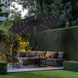 Rinse Bathrooms Black Garden Banana Parasol Hanging Cantilever Umbrella Sun Shade With Crank Handle 3M & Solar Powered Lights - thumbnail 1