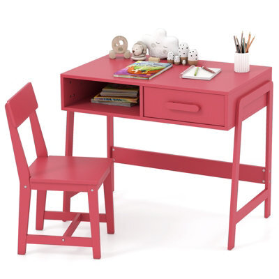 Costway Kids Desk And Chair Set Wooden Childrens Study Desk Set W/ Drawer-Pink - image 1