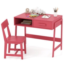 Costway Kids Desk And Chair Set Wooden Childrens Study Desk Set W/ Drawer-Pink