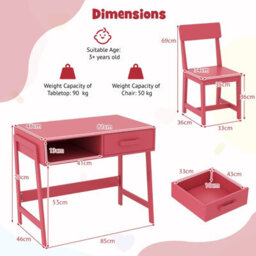Costway Kids Desk And Chair Set Wooden Childrens Study Desk Set W/ Drawer-Pink - thumbnail 2