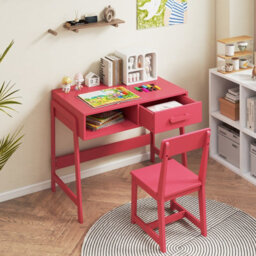 Costway Kids Desk And Chair Set Wooden Childrens Study Desk Set W/ Drawer-Pink - thumbnail 3