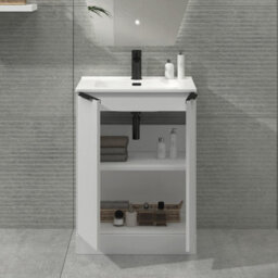 Royal Bathrooms Evora 700mm Matt White Fluted Floor Standing Bathroom Vanity Unit 2 Door With Ceramic Basin & Matt Black Handles - thumbnail 4