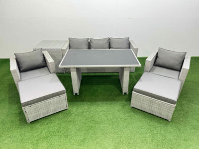 Fimous Patio Garden Furniture Sets With Black Glass Top Dining Table Armchair 3 Seater Sofa Side Table 2 Big Stool Light Grey - image 1