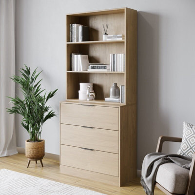Urbn-Living Urbnliving Height 180Cm Oak Drawers & Oak Bookcase 80Cm Width 3 Tier Wooden Storage Chest Cabinet & Display Bookcase Shelving - image 1