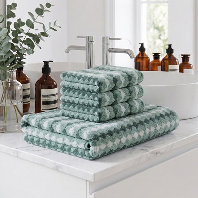 Living And Home 4 Pack Polyester Towel Set Green Zigzag Wave Stripe Soft Absorbent Hanging Loop Bathroom Towel Kit - image 1