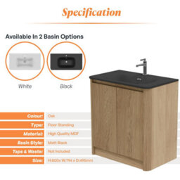 Plum&clay Isla Ribbed Fluted Oak Wood Freestanding Bathroom Vanity Unit & Black Basin Set (W)800mm - thumbnail 5