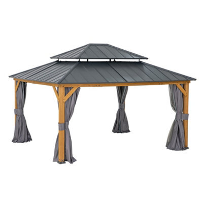 Sunjoy Outdoor Cedar Wood Gazebo Trivor 450Cm X 390Cm W/ Netting & Curtain, Anthracite - image 1