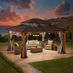 Sunjoy Outdoor Cedar Wood Gazebo Trivor 450Cm X 390Cm W/ Netting & Curtain, Anthracite - thumbnail 2