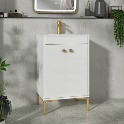 Royal Bathrooms Verona 500mm Gloss White Floor Standing Bathroom Vanity Unit 2 Door With Minimalist Basin & Brushed Brass Knob - image 1