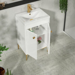 Royal Bathrooms Verona 500mm Gloss White Floor Standing Bathroom Vanity Unit 2 Door With Minimalist Basin & Brushed Brass Knob - thumbnail 5