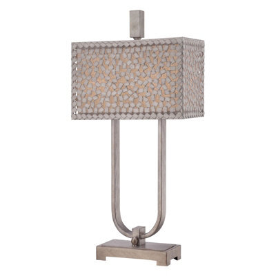 Elegant 2 Bulb Table Lamp With Off White Linen Shade And Old Silver Finish